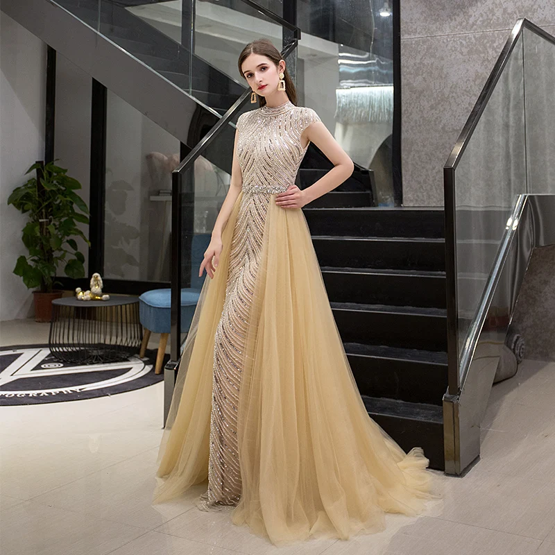 Винтажные вечерние платья с верхней юбкой высоким горлом кепки Короткие рукава