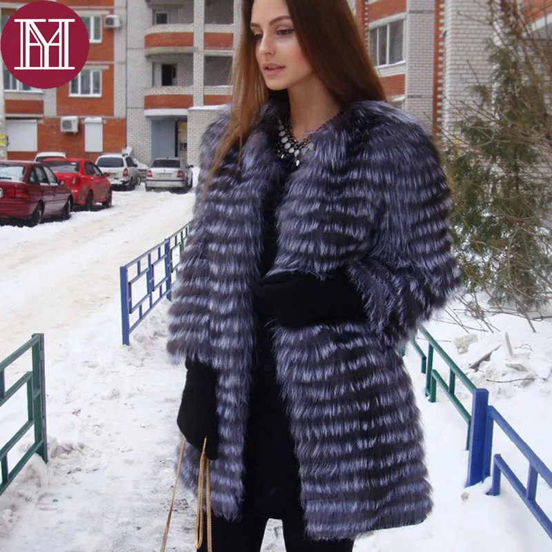 Женское пальто из натурального Меха чернобурки полосатая длинная куртка Лисьего