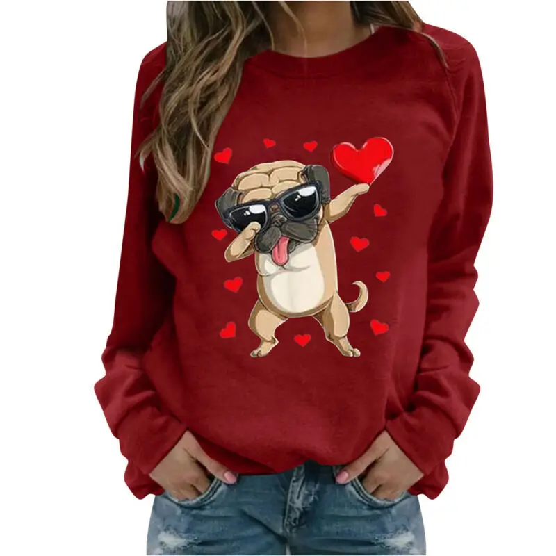 

Womens Puppy Printed Long-Sleeved Pullover T-Shirt Tops Round Neck Spring Casual