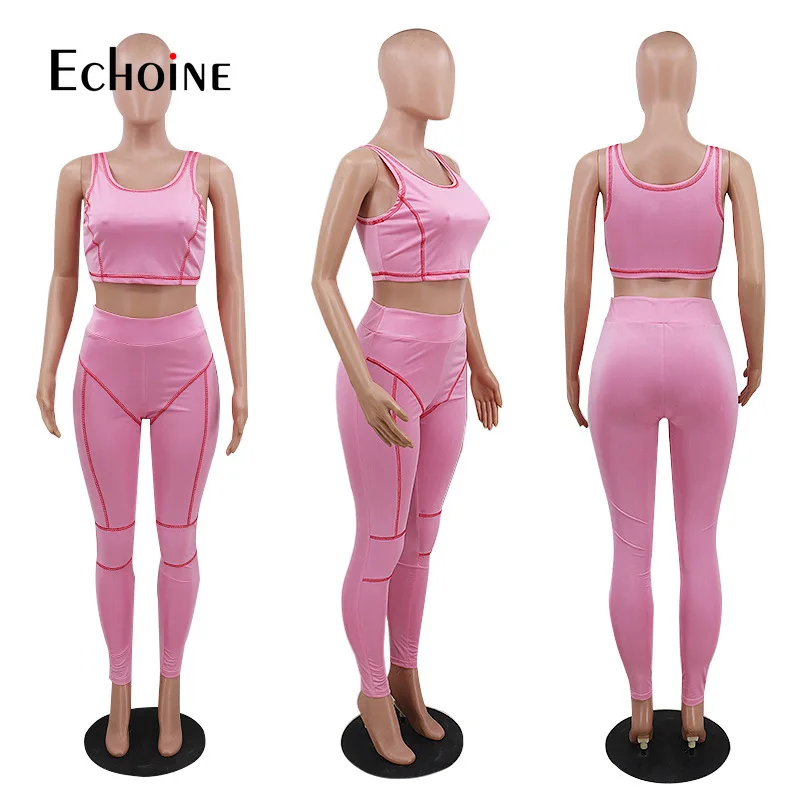 

Echoine 2020 Summer Women Two Pieces Sets Tracksuits Sleeveless Shirts+Pants Suit Fitness Striped Print Outfits 2 Pcs Street