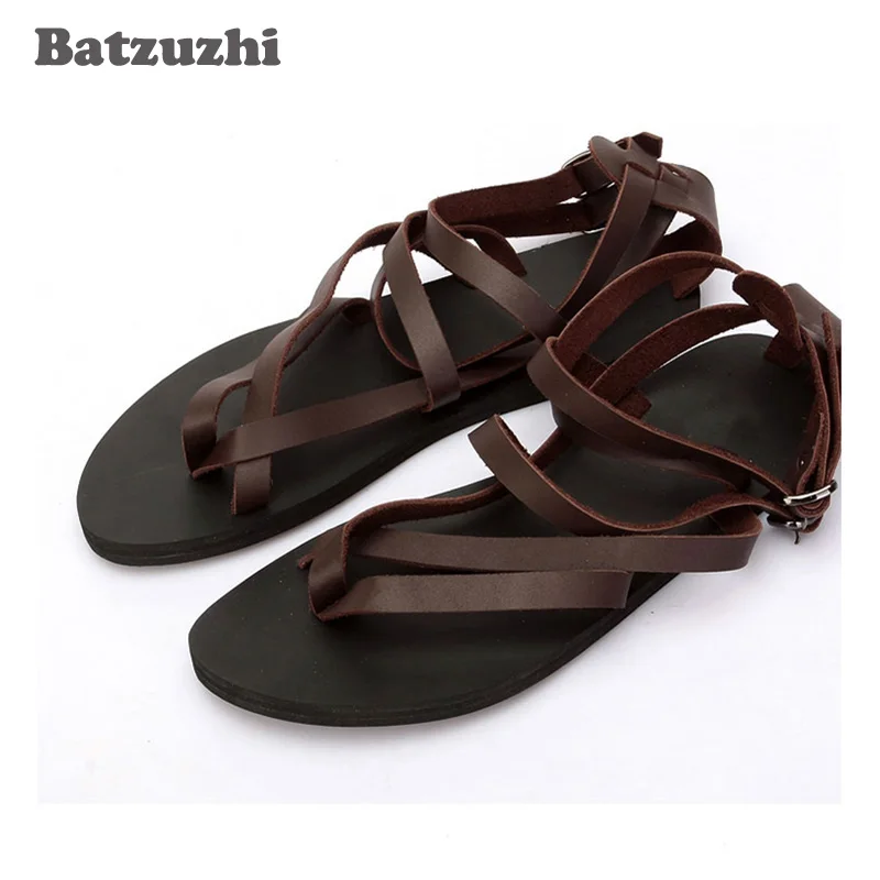 

2020 Gladiator Sandalias Mujer Rome Men Shoes SUMMER Sandal Shoes for Men Beach Genuine Leather Sandals Black&Brown, Big Size 46