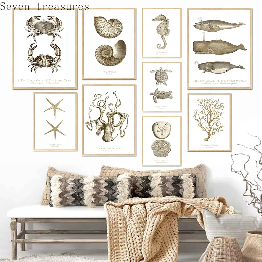 

Fossil Fish Turtle Snail Crab Coral Vintage Wall Art Canvas Painting Nordic Posters & Prints Wall For Living Room DecorPictures