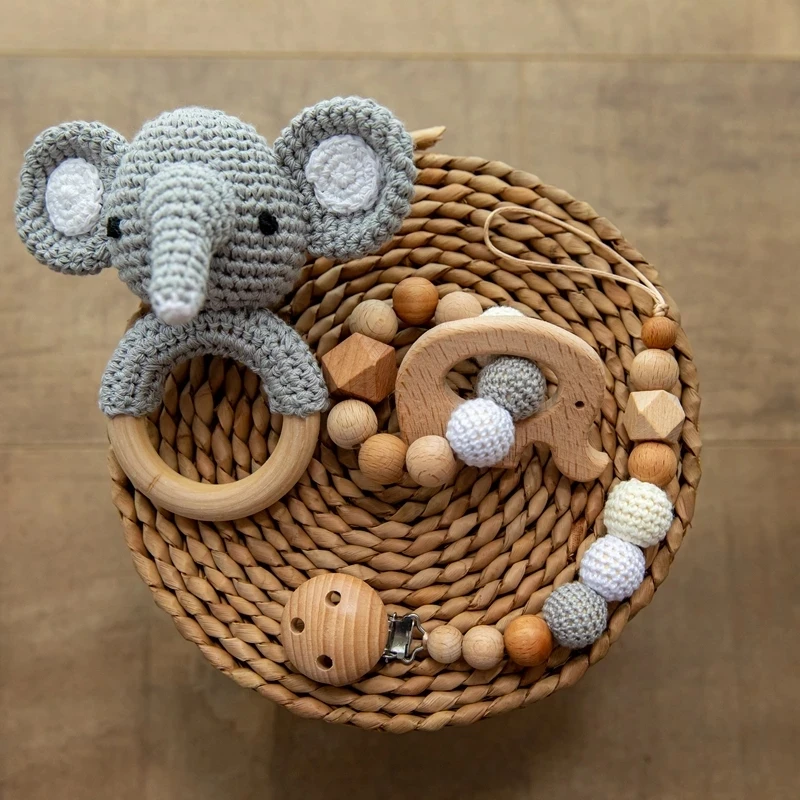 

1set Baby Rattle Wooden Crochet Elephant Bells Music Teething Bracelet Pacifier Dummy Clips Gym Play Rodent Baby Products Toy