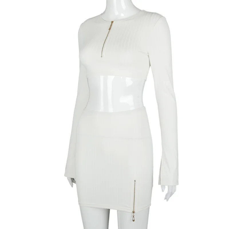 

2021 Spring Autumn Women Fashion Sexy Party Club Tracksuit Long Sleeve Solid Zip Up Tshirt Top Skinny Skirt 2 Pieces Set