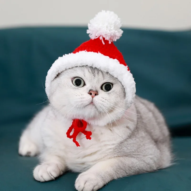 

Pet Santa Hat Christmas Dog Cat Costume Accessories Hand-knitted Warm Puppy Crossover Caps Small Cute Party Headgear