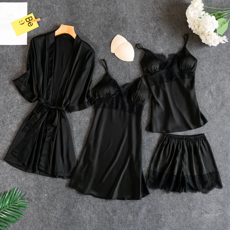 

White Lady Home Wear Pajamas 4PC Strap Top Pants Suit Sleepwear Sets Woman Nightgown Sexy Kimono Sleep Robe Bath Gown Nightdress