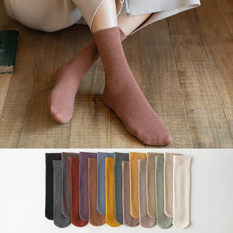 

2Pairs/Set Women Socks Solid Cotton Long-Sock Girls Harajuku Retro Socken Fashion Casual Autumn Winter Sox for Short Boots #F