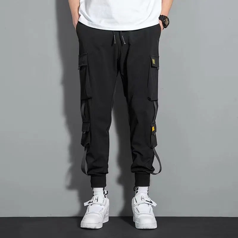 2021 Ribbons Black Men's Cargo Pants Side Pockets Casual Streetwear Pant Male Hip Hop Male Joggers Trousers Men Man Casual Pants