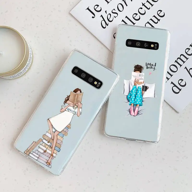 

Book girl cartoon coffee Phone Case Transparent For Samsung Galaxy A S Note 9 10 51 50 71 70 80 20 21 30s ultra plus