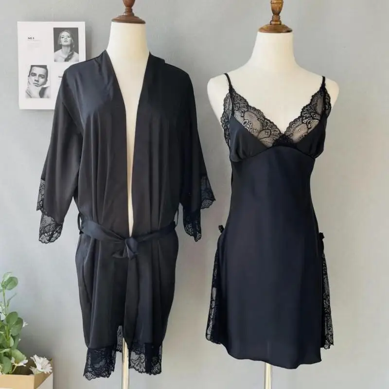 

Patchwork Lace Satin Bathrobe Gown 2PCS Kimono Robe Set Women Sleepwear Intimate Lingerie Home Clothing Short Nightwear