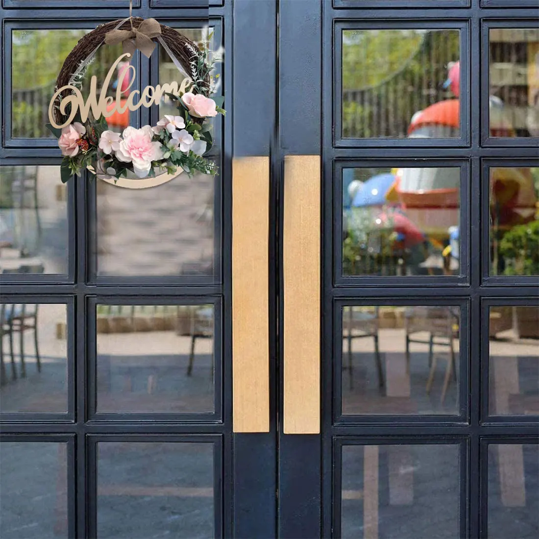 

Welcome Sign Wreath Front Door Hanger with Bow Round Outdoor Hanging Decoration for Home Vertical Sign 9.8 Inch FBS889