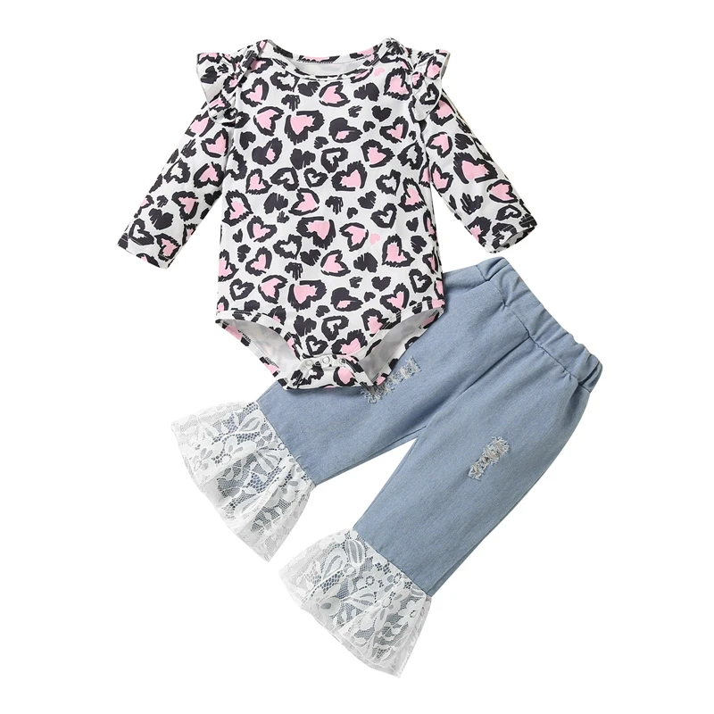 

Newborn Girl Romper Pants Outfits, Long Sleeve Heart Leopard Printed Romper + Ripped Hole Lace Patchwork Long Jeans Set