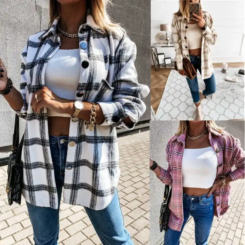 

Women Long Sleeve Plaid Jacket Autumn Winter Oversized Coat 2020 Fashion Loose Outwear Vintage Elegant Top Streetwear ropa mujer