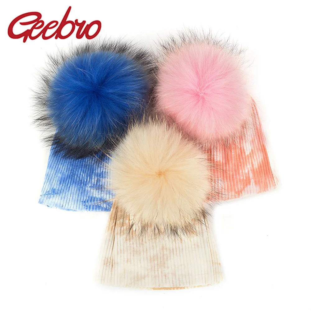 

Geebro Baby Cute Cotton Soft Skullies Caps Toddler With Real Fur Pompom Beanies Newborn Tie Dye Winter Autumn Warm Ribbed Hats