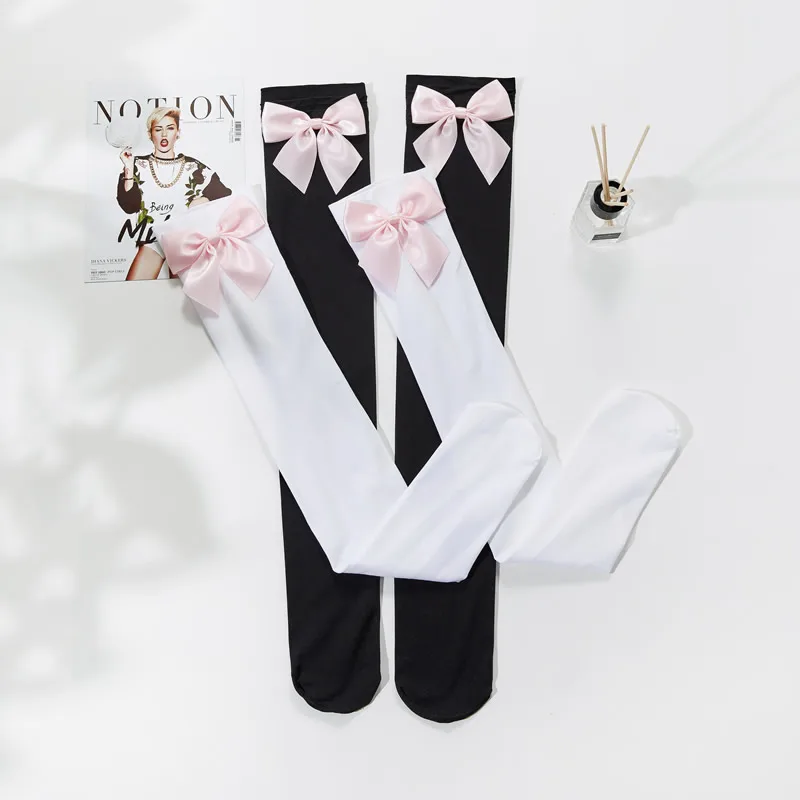 Cute Women's Hosiery Pink Bow Stay Up Sexy Thigh High Silk Stockings Hose Ladies Sweet Bow Stockings Pantyhose Lolita Style