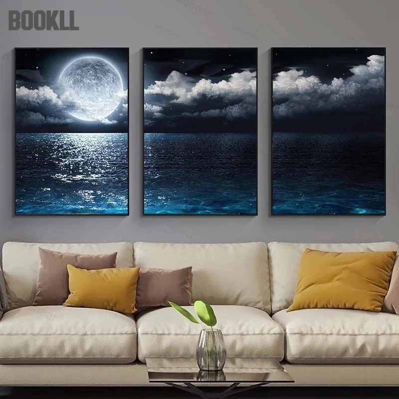 

Moon Sea Night Landscape Canvas Painting Modern Abstract Natural Scenery Wall Art Poster Scandinavian Living Room Home Decor