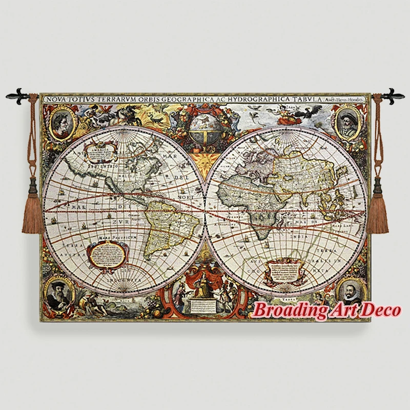 

Antique World Map Medieval Tapestry Wall Hanging Jacquard Weave Gobelin Cotton 100% Aubusson Large Home Textile Art Decoration