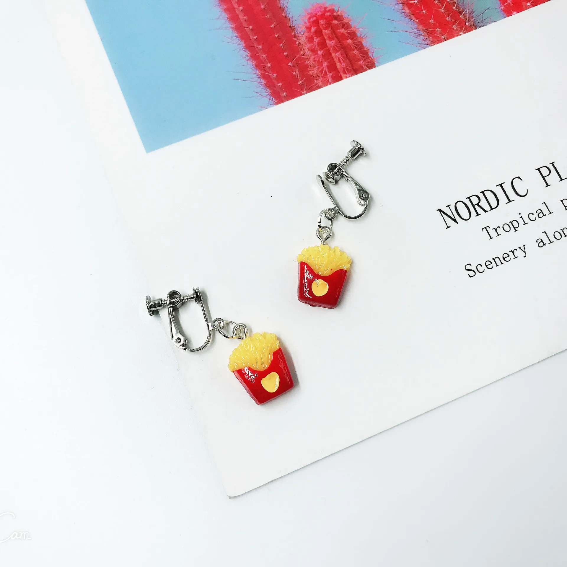 

SNCSDK Creative French Fries Burger Ear Hook Eat Goods Earrings Funny Cute Childlike Resin Ear Clip Women's Stud Earring Jewelry