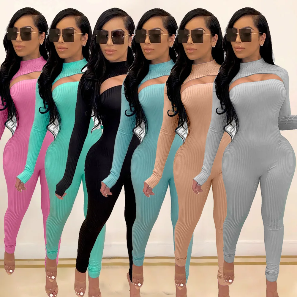 

Casual Women Knit Ribbed Two Piece Set Crop Top + Jumpsuit Sporty Tracksuit Sportwear Spring Clothes For Women Outfit