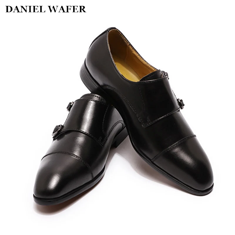Zapatos de vestir de piel aut&eacute;ntica para ni&ntilde;os, calzado de alta calidad, Punta puntiaguda, correa de monje, fiesta para ni&ntilde;os, boda, escuela, negro y rojo-1