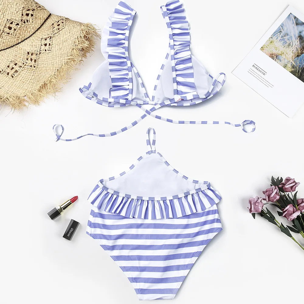 

Qeils One Piece Swimsuit 2021 Sexy Swimwear Women Striped Ruffled Bandage Push Up Padded Bathing Suit Beach Bather Monikini