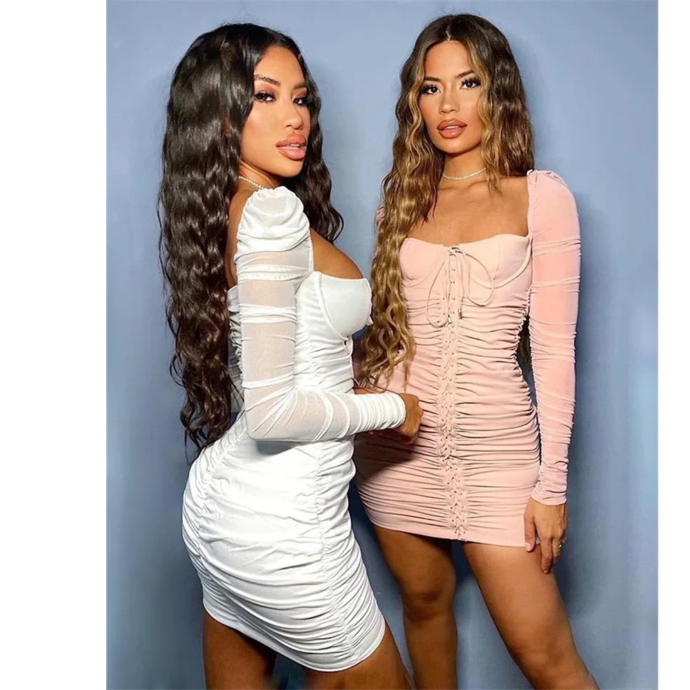 

Autumn Winter Women White Strapless Lace Up Bandage Bodycon Mesh Ruched Party Christmas Dress Elegant Short Dresses vestidos