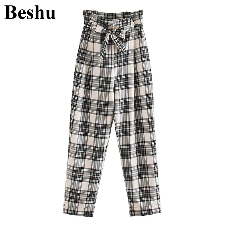 Женские клетчатые брюки za белые повседневные Простые с поясом бантом Элегантная