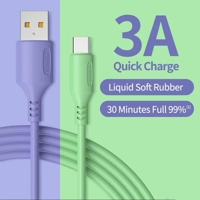 Жидкость мягкий силиконовый 3A кабель с разъемом USB Type C для быстрой зарядки и