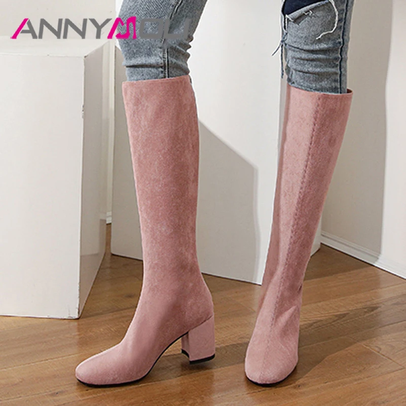 

ANNYMOLI High Heel Knee High Boots Square Toe Woman Boots Chunky Heel Long Boots Fashion Female Shoes Autumn Winter Apricot Pink