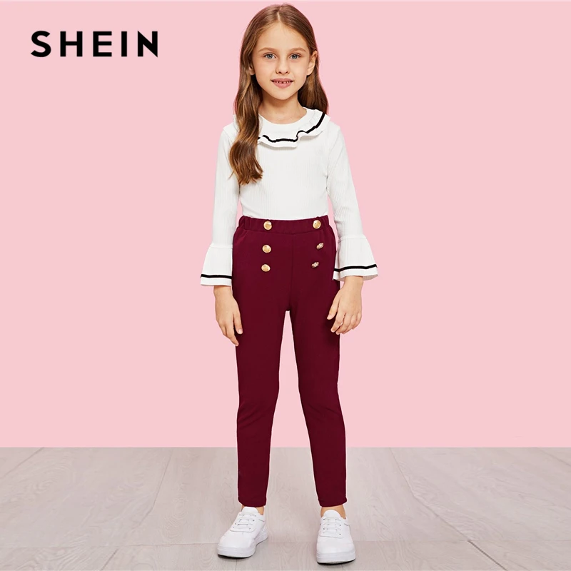 SHEIN kids/однотонные штаны для девочек с эластичной резинкой на талии; детская одежда; коллекция года; сезон весна; зауженные брюки с двумя пуговицами; повседневные Леггинсы