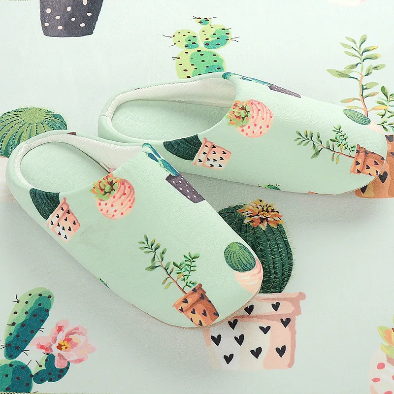 

Lizeruee 2019 Home Women Slippers Cactus Printed Mute Non-slip Soft Cotton Slipper Winter Indoor Lovers Shoes For Ladies Female
