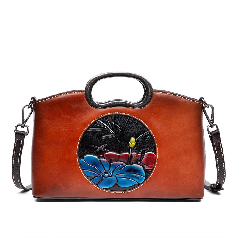 

Genuine Leather Handbags for Women, Organizer Crossbody Bag Large Satchel Vintage Embossing Totem Shoulder Bag