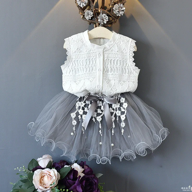 

2021 Girls Clothing Sets Teenage Sleeveless Lace Shirt Bow Ball Gown Skirt 2Pcs Suit for Girl Wedding Clothes 7 9 11 12 13 year
