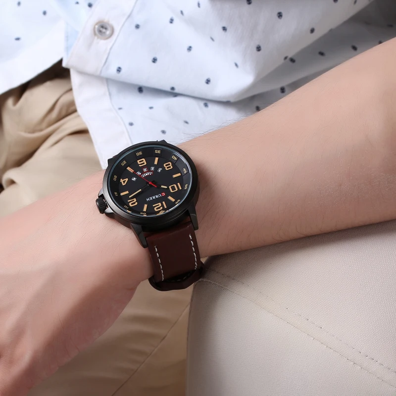 Роскошные брендовые кварцевые часы мужские с кожаным ремешком и датой модные