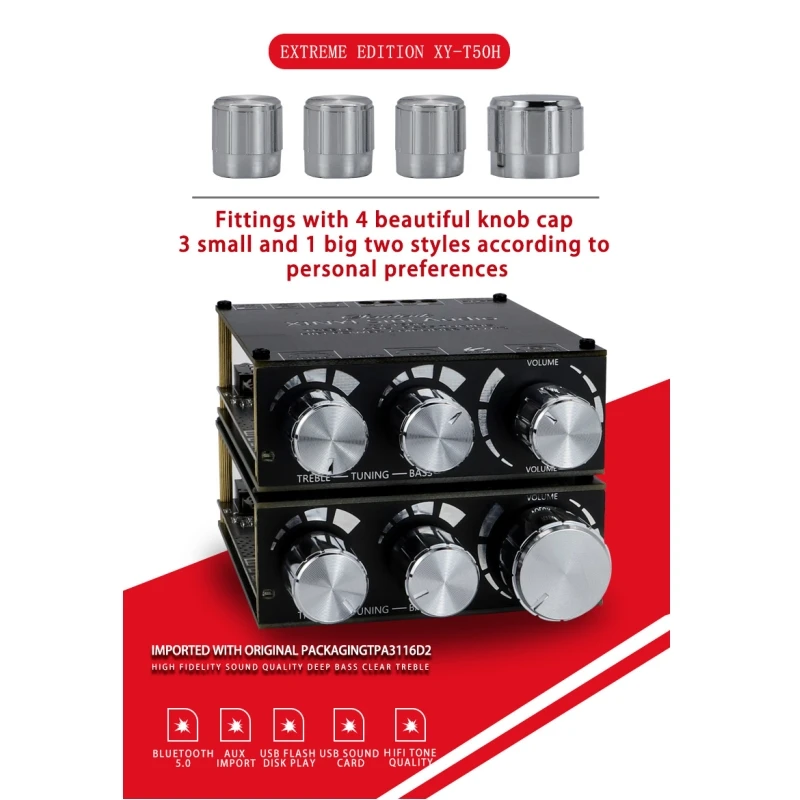 XY-T50H 12V 24V TPA3116D2 2*50W Bluetooth 5.0 Subwoofer Amplifier Board 2.0 Channel High Power Audio Stereo AUX USB Bass AMP |
