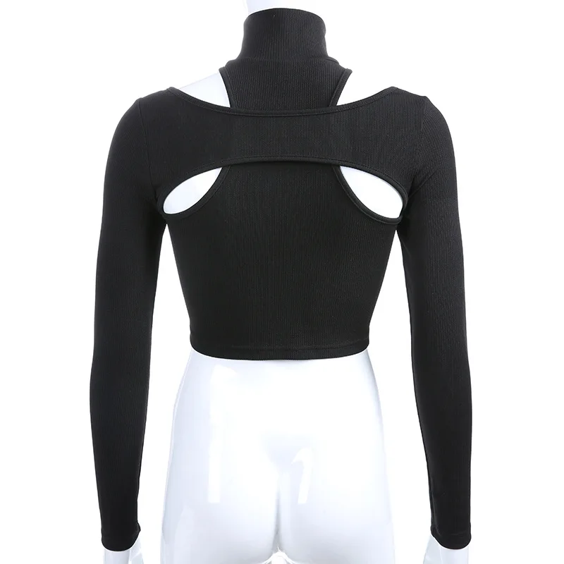 Female T-Shirt Knitting For Women Black Open Korean Style Modis Long Sleeve Gothic Basic Top Summer sexy street dance crop top |