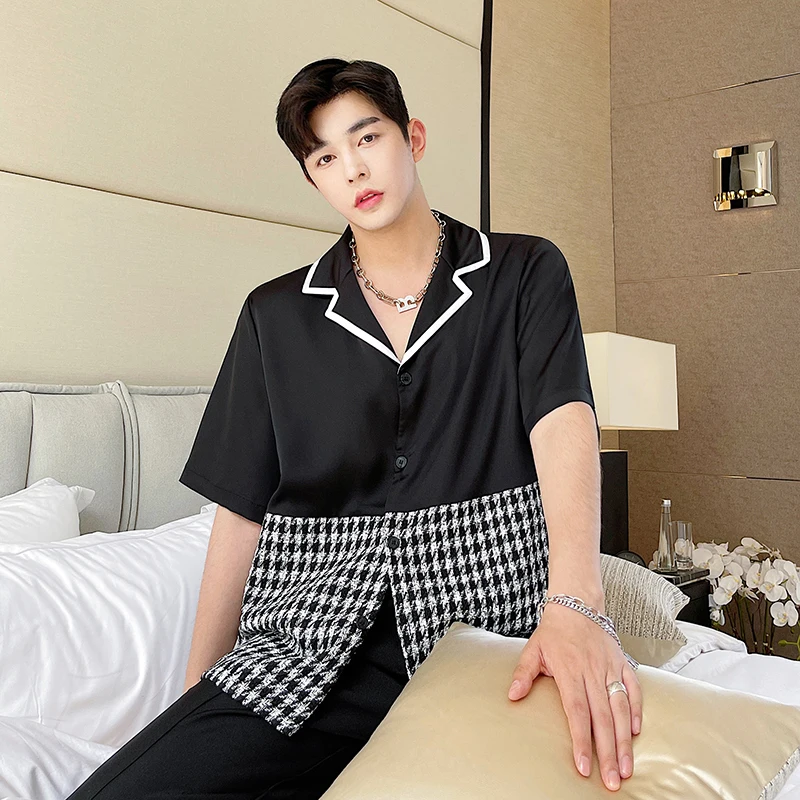 

Male Shirts Summer Men's Loose Casual Houndstooth Splice Vintage Short Sleeve Shirts Korean Style Streetwear Man