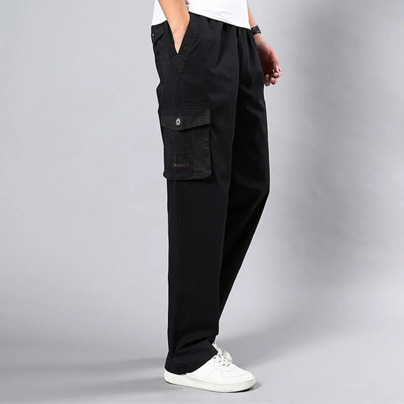 

Pants Men Cotton Trousers Joggers Casual Solid Elastic Waist Straight Loose Sports Running Pants Plus Size Men's Clothing 2021