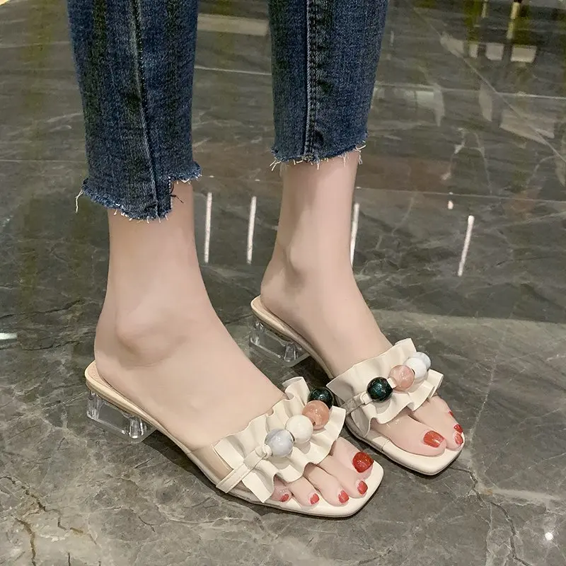 

2021 New Fashion Trendy Mid-heel Square Head Shallow Mouth Beaded Ladies Slippers