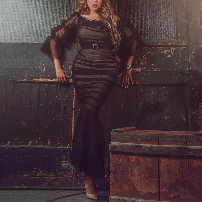 

Осень-зима 2021, новое женское платье, модное сексуальное Сетчатое прозрачное облегающее платье с круглым вырезом Вечерние жевное вечернее п...