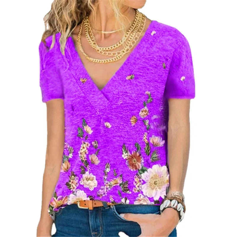 

2021 Summer New Women's V-neck Printed Short Sleeve T-shirt