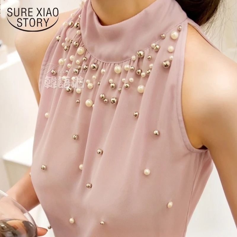 

2019 New Women Beading Chiffon Blouse Korean Fashion Sleeveless Women Turtleneck Chiffon Blouse Shirt Women Top S M L XL835I 42
