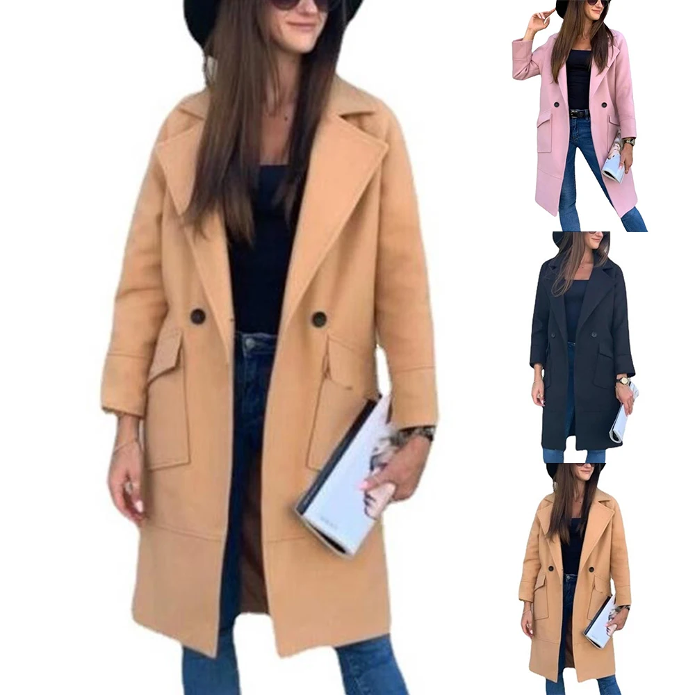 

Женское зимнее пальто, однотонное Элегантное Длинное Пальто из смеси, Женская однотонная верхняя одежда на пуговицах с лацканами, тренчкот...