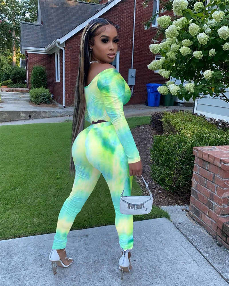 

Adogirl Tie Dye Print Two Piece Set Women Tracksuit Off Shoulder Long Sleeve T Shirt Top Leggings Pants Fashion Outfit Tracksuit