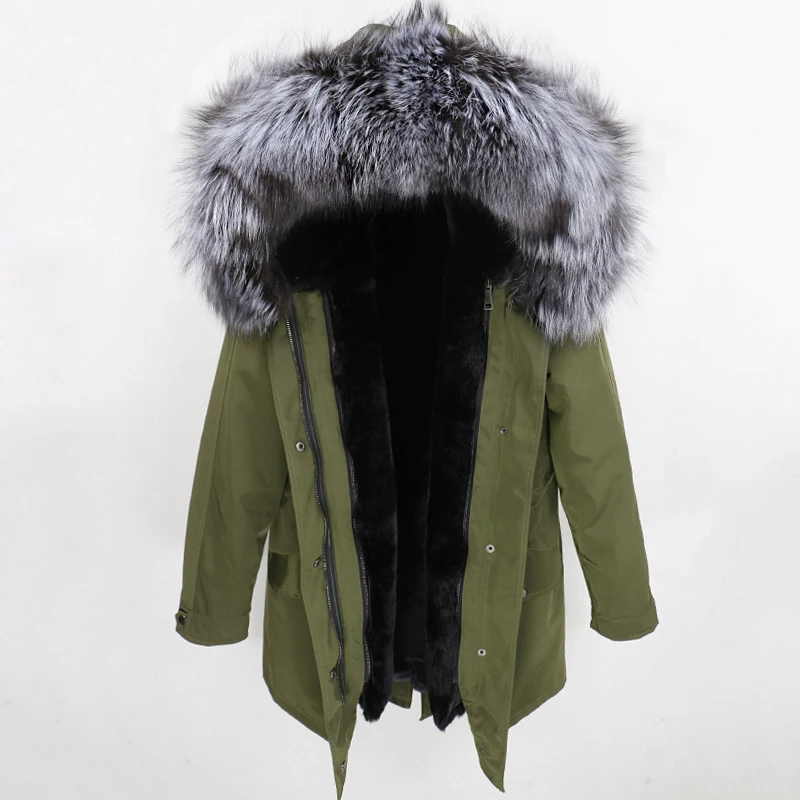 green silver black OFTBUY зимняя куртка Женская водонепроницаемая куртка из натурального меха длинная парка натуральный Лисий меховой капюшон, воротник верхняя одежда уличная Роскошная - Цвет: green silver black