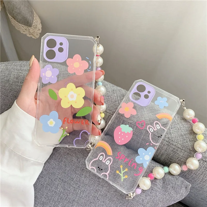 

Transparent Spring Flowers Blooming Pearl Wrist Straps phone case for iPhone 12 11 Pro Max X XR XS 7 8p Anti-fall back cover