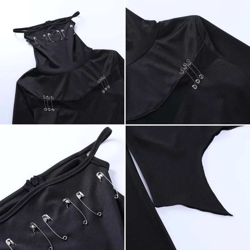 

Helisopus Women Black Gothic Mask Shirt Harajuku Long Sleeve Bodycon Shirt Punk Metal Patchwork Sexy Mesh Hollow Out T-shirt Top
