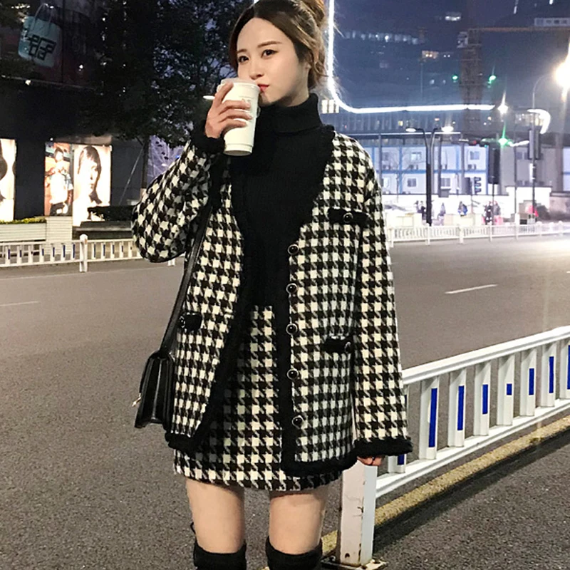 Черно-белый плед твидовый жакет + юбка костюм осень / зима женская шерстяная