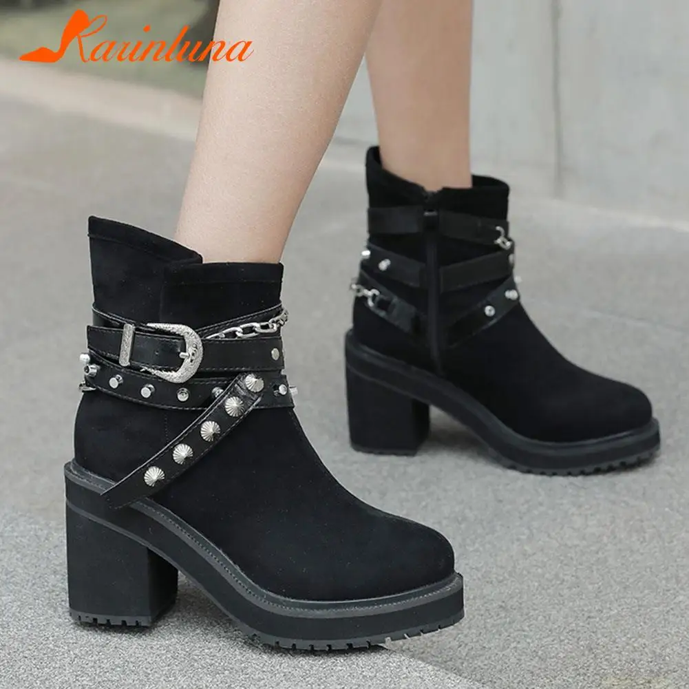 

Женские ботильоны с заклепками Karinluna, Удобные однотонные ботильоны из флока, на массивном каблуке, с круглым носком, на молнии