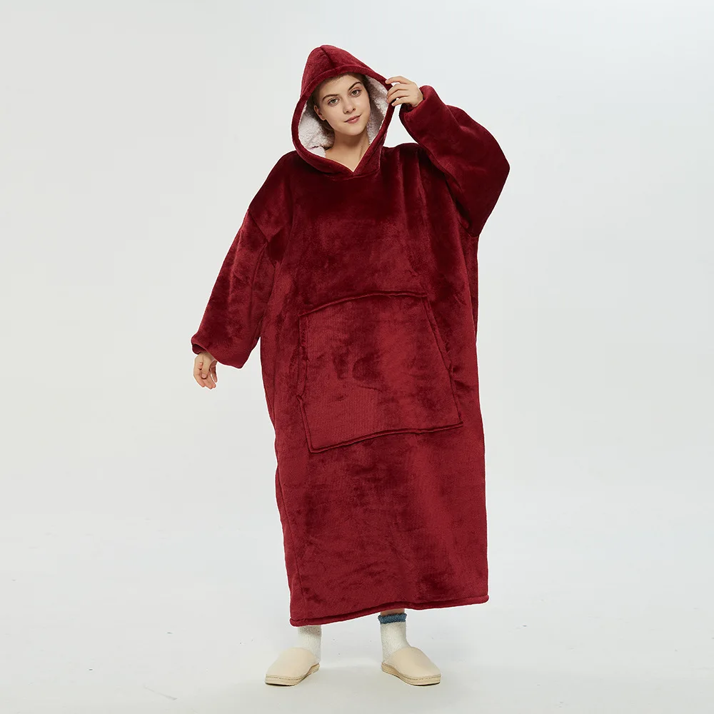 

Long Double-layer Robe Gown Women Flannel Nightwear Thick Warm Lingerie Sleepwear Loose Sweater Hooded Cover Blanket Loungewear